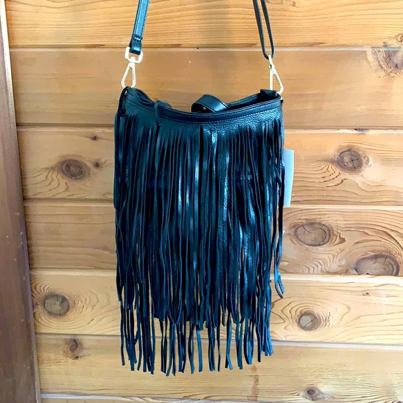 Handbags - Black leather handbag with Fringe NWT